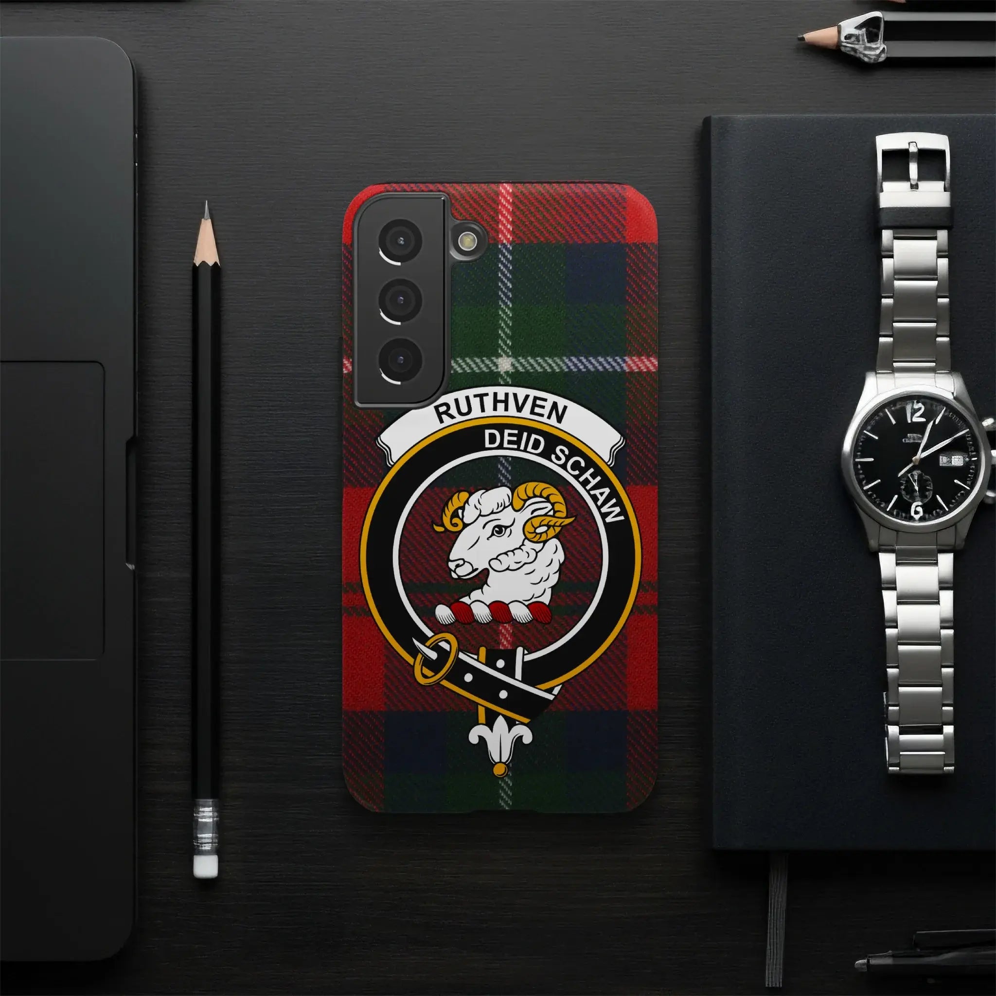 Ruthven deid schaw clan crest phone case — tartan pattern, Samsung variant