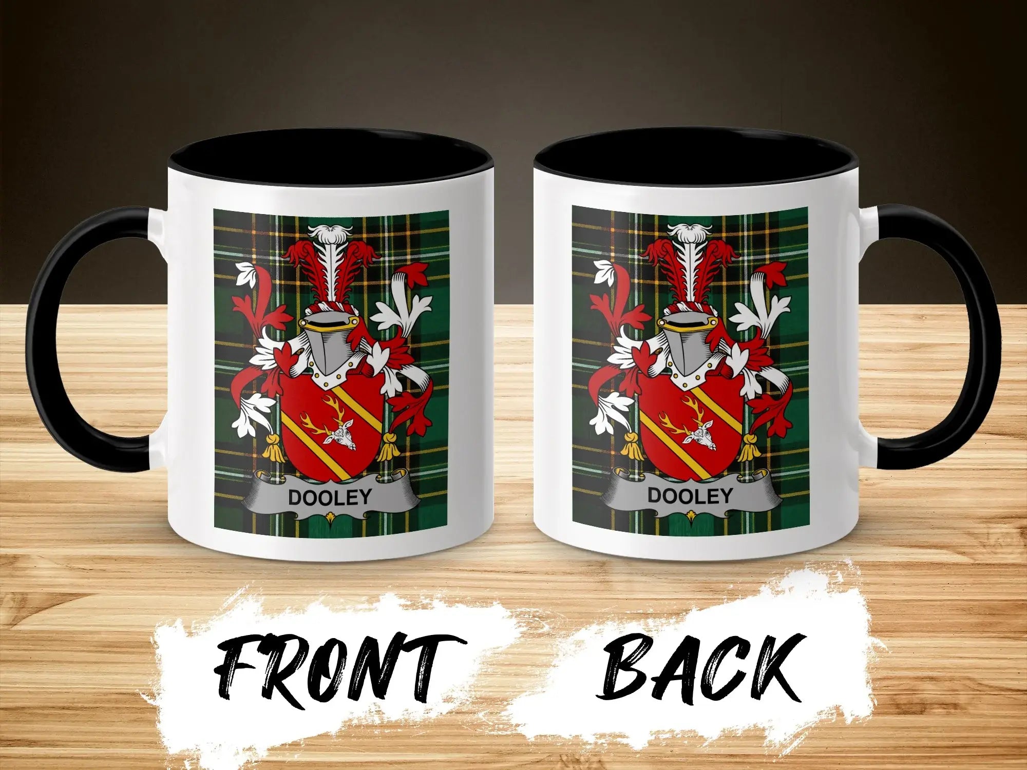 Dooley family crest on a white mug with black rim and handle.