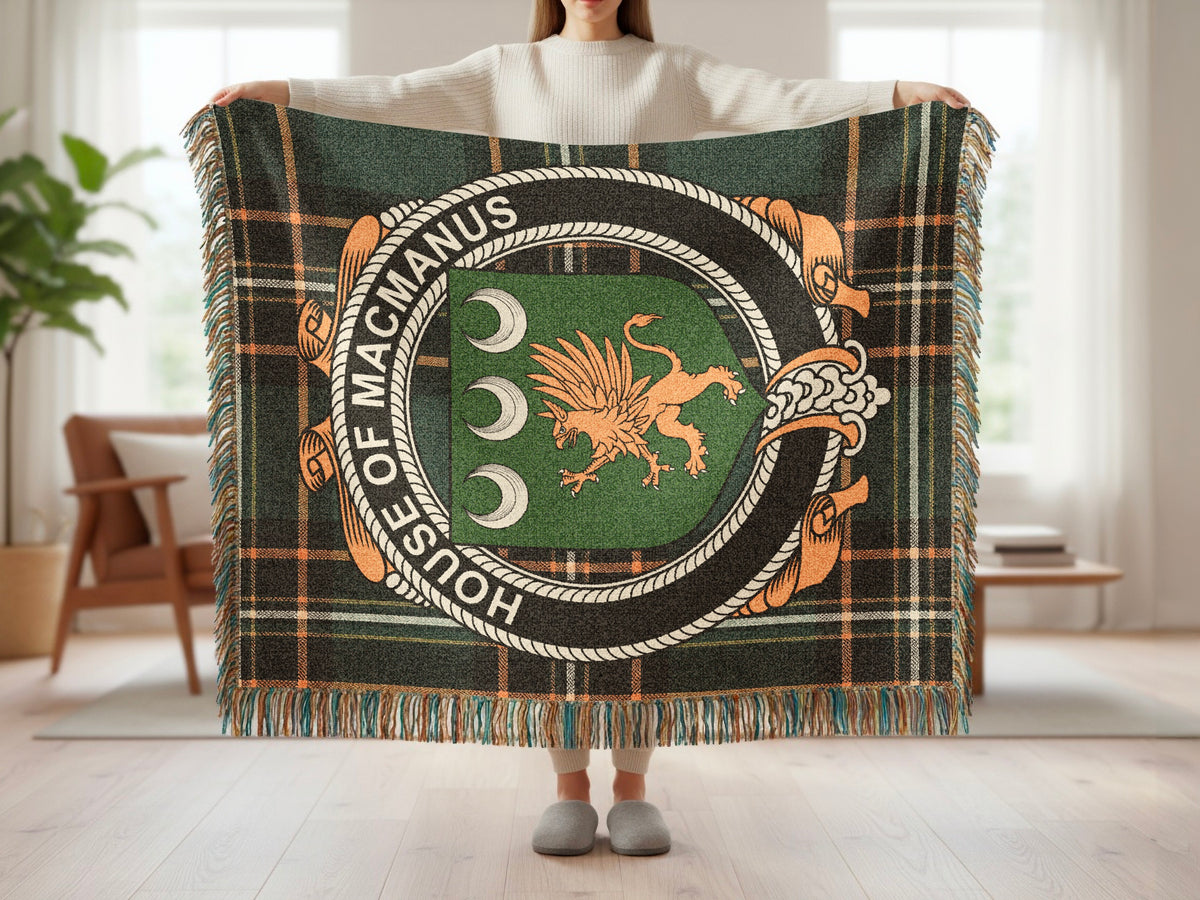 MacManus surname blanket showing Irish National Tartan woven design