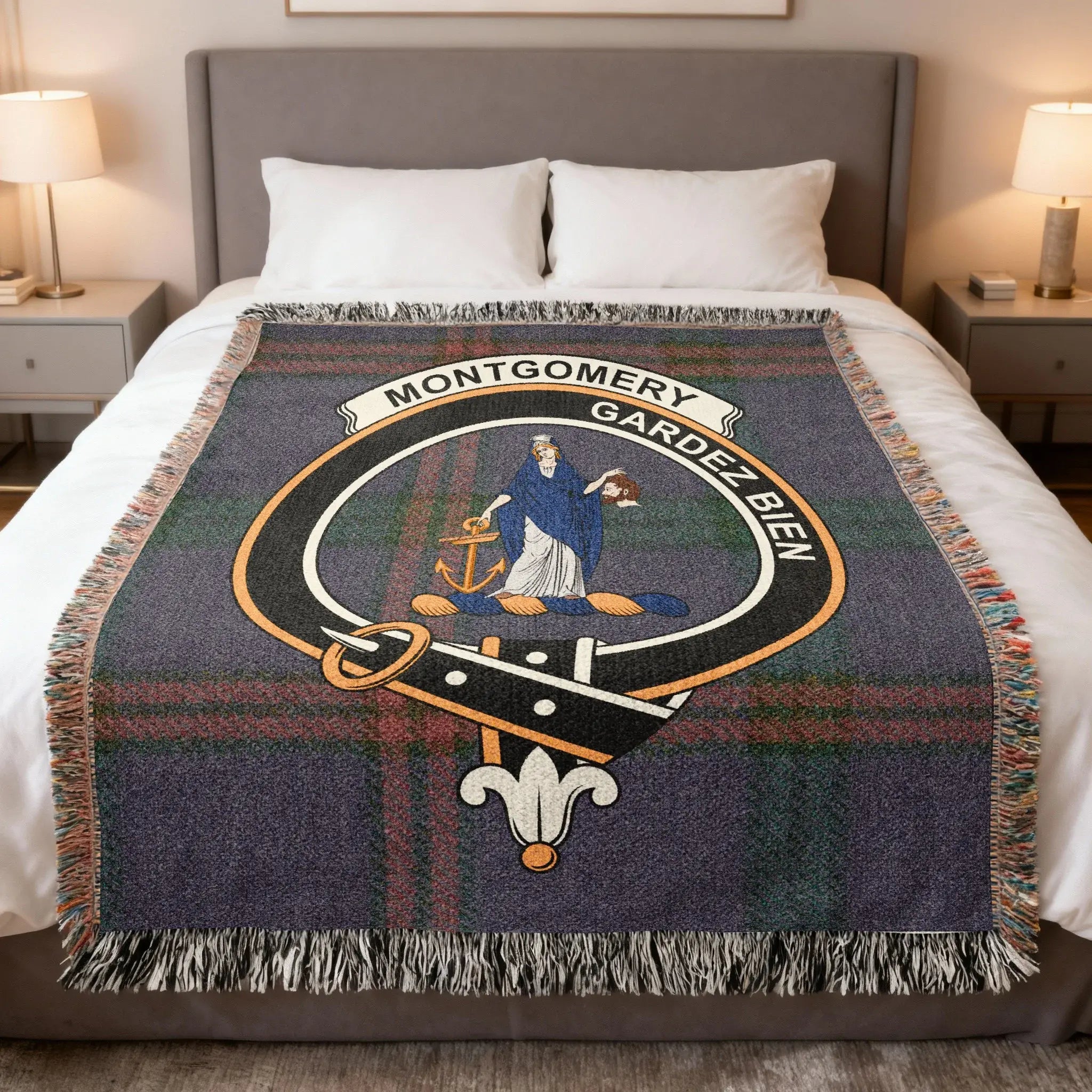 Clan Montgomery Gardez Bien tartan woven blanket — clan colours in 100% cotton heirloom throw