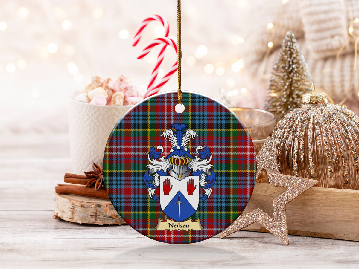 Double-sided Neilson ceramic ornament with family shield and Caledonia tartan background