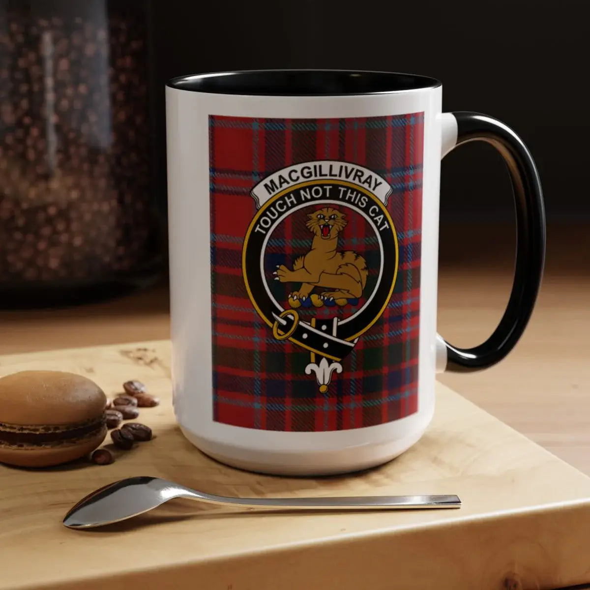 MacGillivray Touch Not the Cat clan crest mug with navy handle — ceramic accent mug