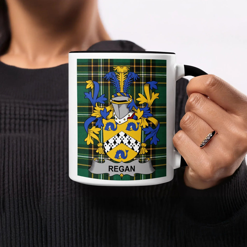 Regan black accent mug with Irish National Tartan and family crest
