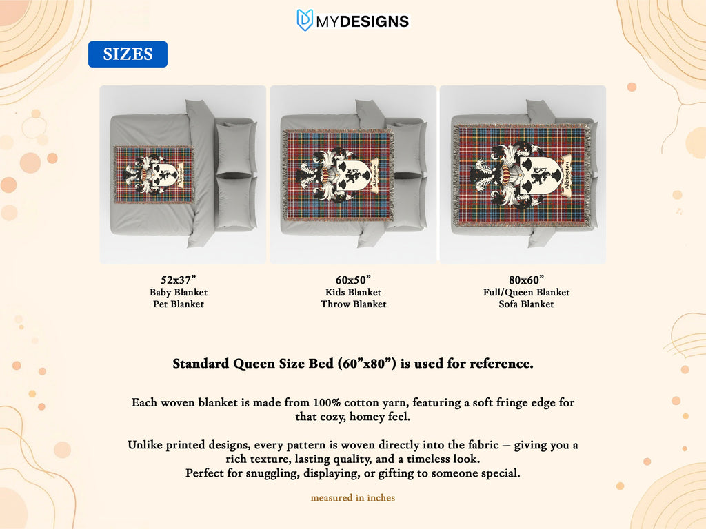 Size guide for Alsington Scottish family crest woven blanket with Caledonia tartan background