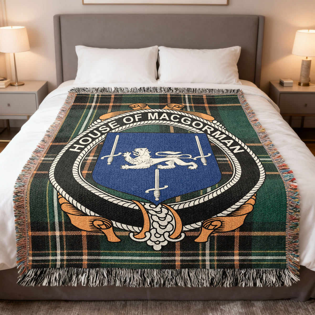MacGorman Irish National Tartan woven blanket with family crest emblem