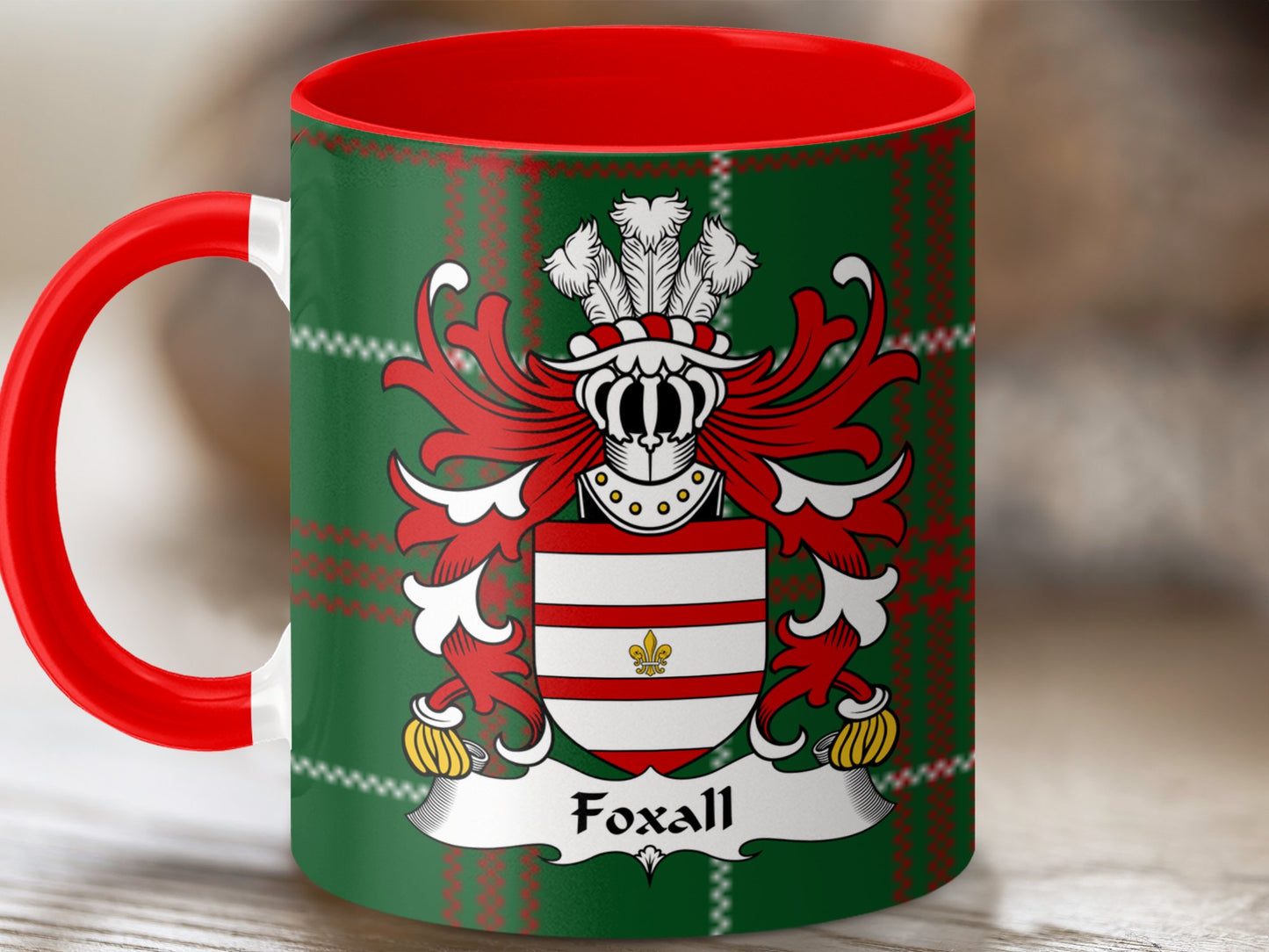 Foxall Family Crest on Welsh National Tartan Background Mug - Living Stone Gifts