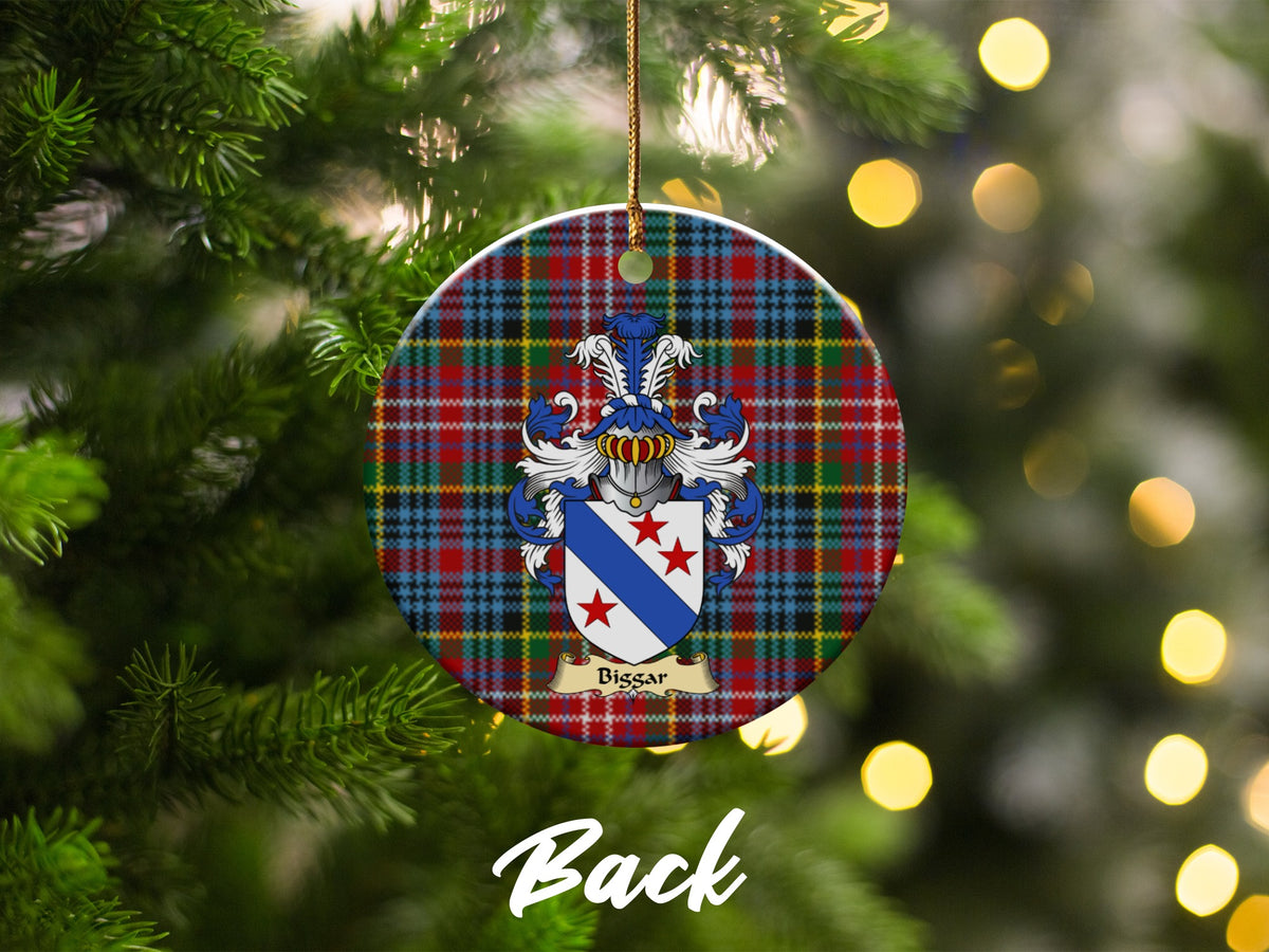 Double-sided Biggar ceramic ornament with family shield and Caledonia tartan background