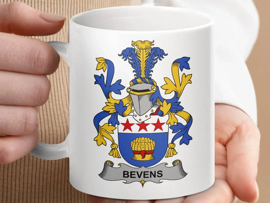 Bevins Family Crest Coat of Arms Shield Mug - Celtic Ancestry Gifts