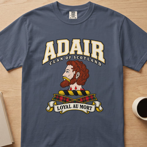 Slate blue t-shirt featuring the Adair Clan of Scotland crest with a bearded man and motto.