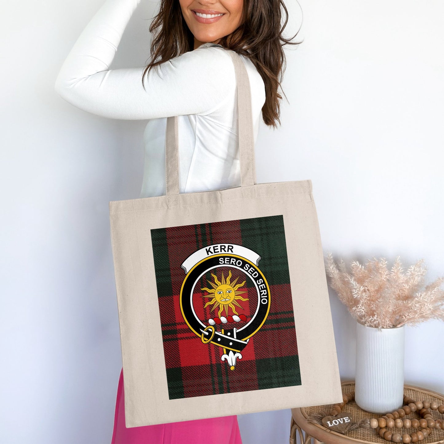 Kerr Scottish Clan Crest on Tartan Background Tote Bag - Living Stone Gifts