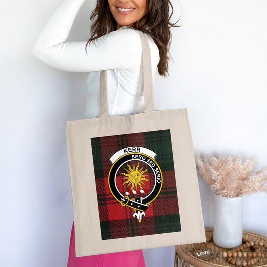 Kerr Scottish Clan Crest on Tartan Background Tote Bag - Living Stone Gifts