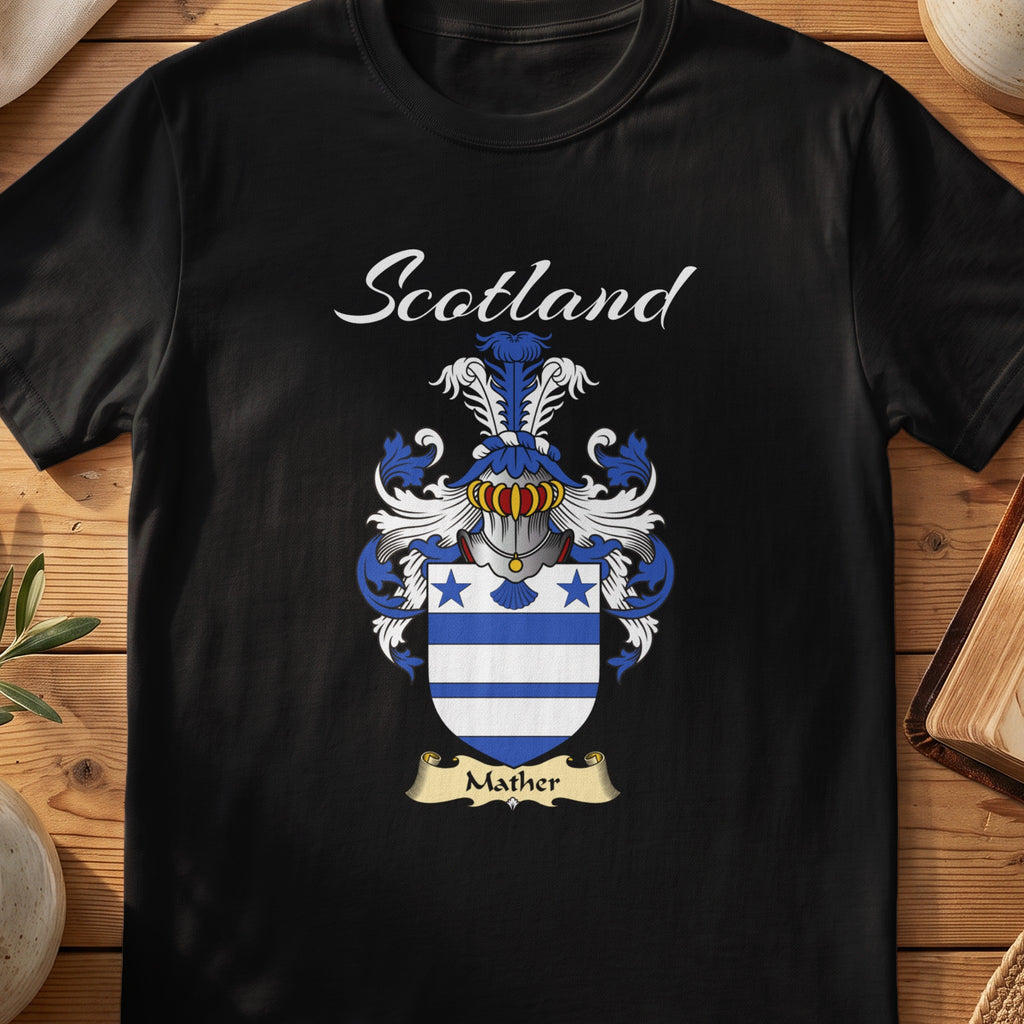 Black Mather Scottish T-shirt featuring blue-and-white stripes topped with two blue stars