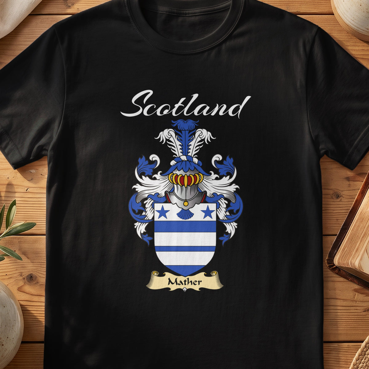Black Mather Scottish T-shirt featuring blue-and-white stripes topped with two blue stars