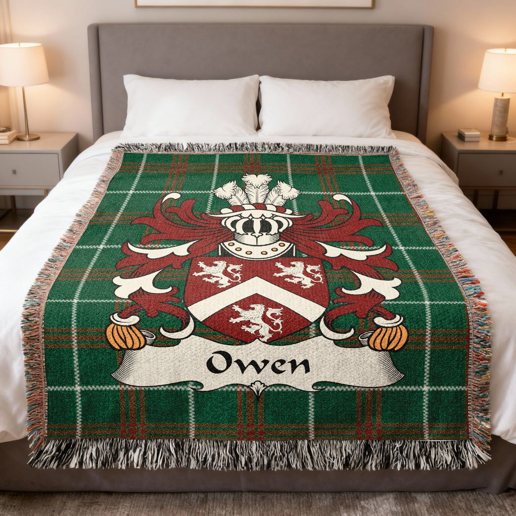 Owen Welsh crest woven blanket on Welsh national tartan