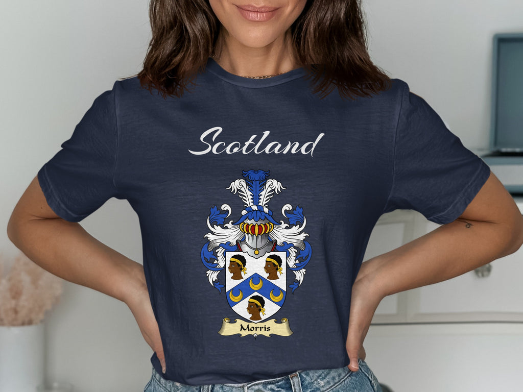 Morris Scottish family shield design on Navy T-shirt