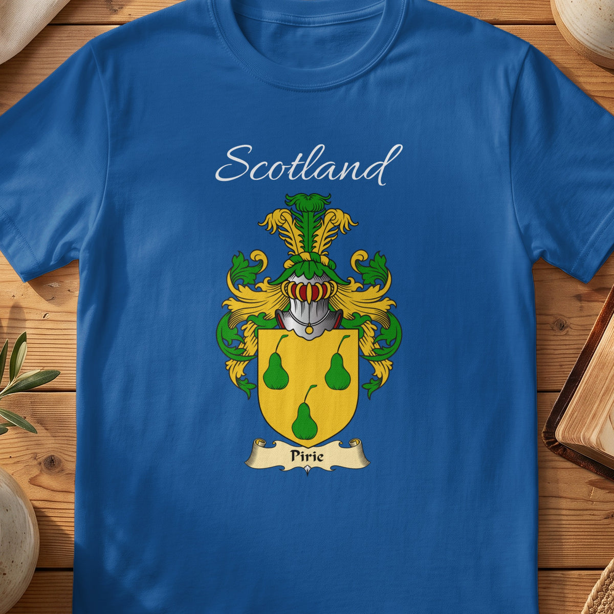 Royal blue Pirie unisex heritage T-shirt with the family shield and surname design.