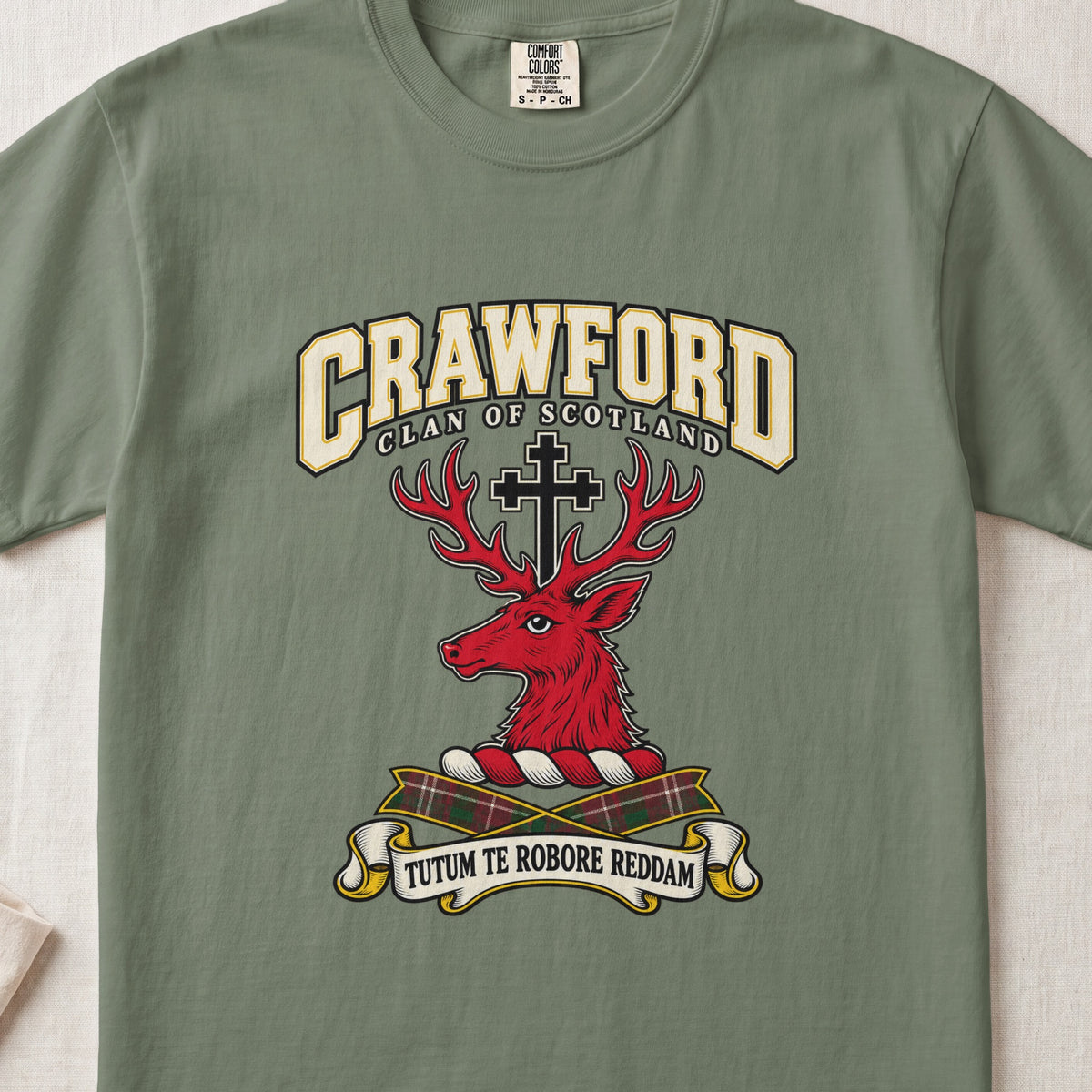 Crawford Scottish clan graphic T-shirt in Moss, front view
