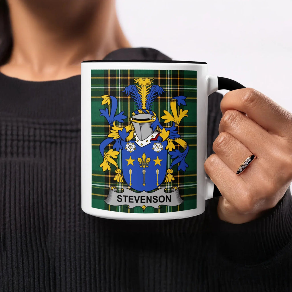 Stevenson black accent mug with Irish National Tartan and family crest