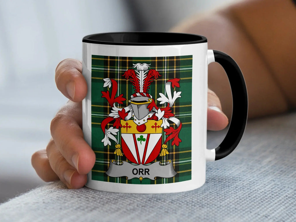 Orr Irish family crest black accent mug on Irish National Tartan