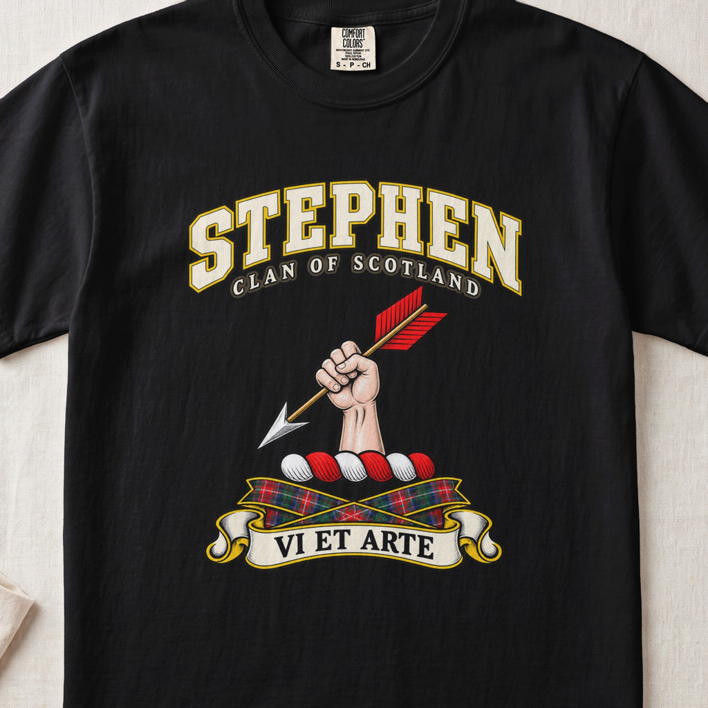 Stephen Scottish clan T-shirt in Black, front view with a hand holding an arrow with red feathers and motto design.