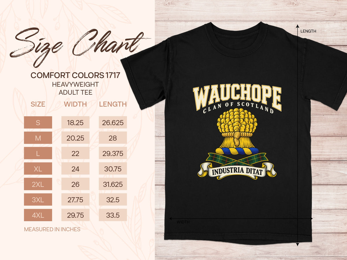 Comfort Colors 1717 size chart in inches with a black Wauchope clan crest T-shirt preview