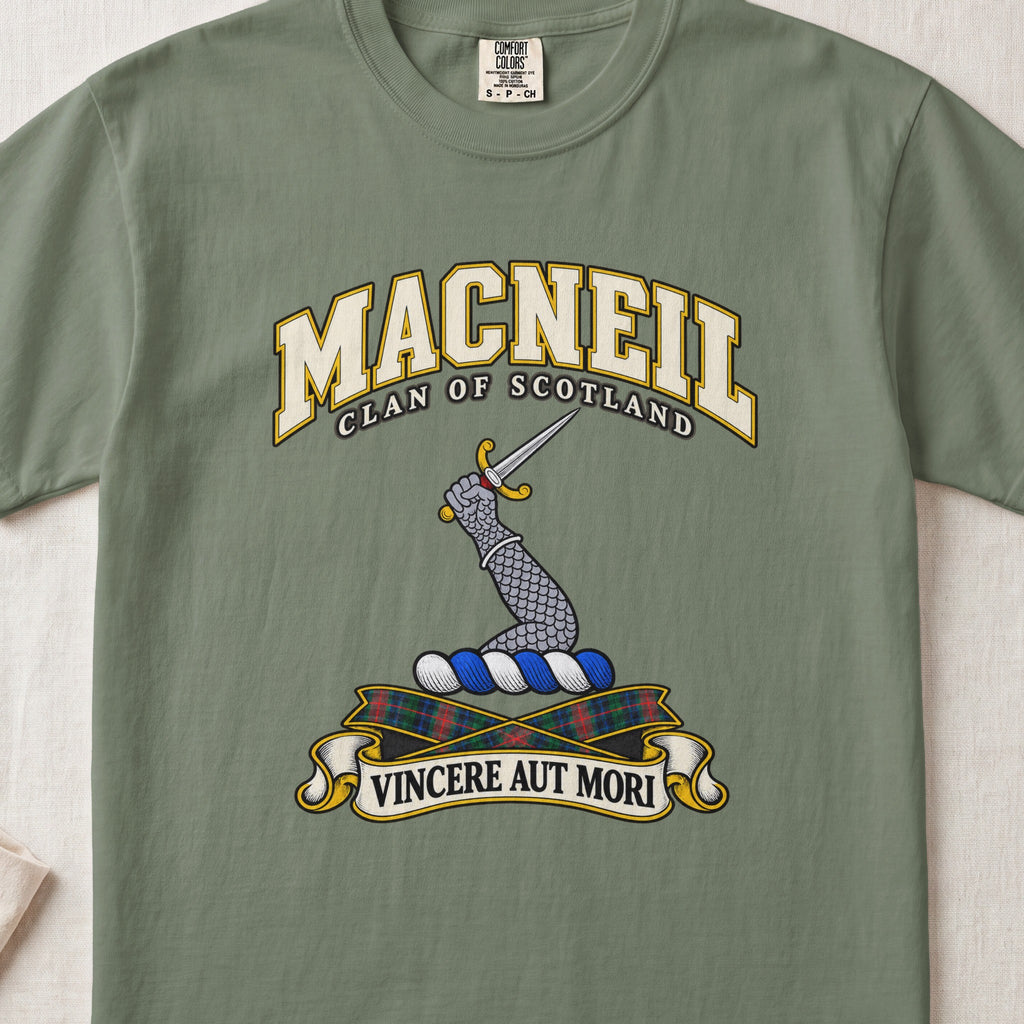 MacNeil Scottish clan T-shirt in Moss, front view with an armoured arm holding a dagger and motto design.