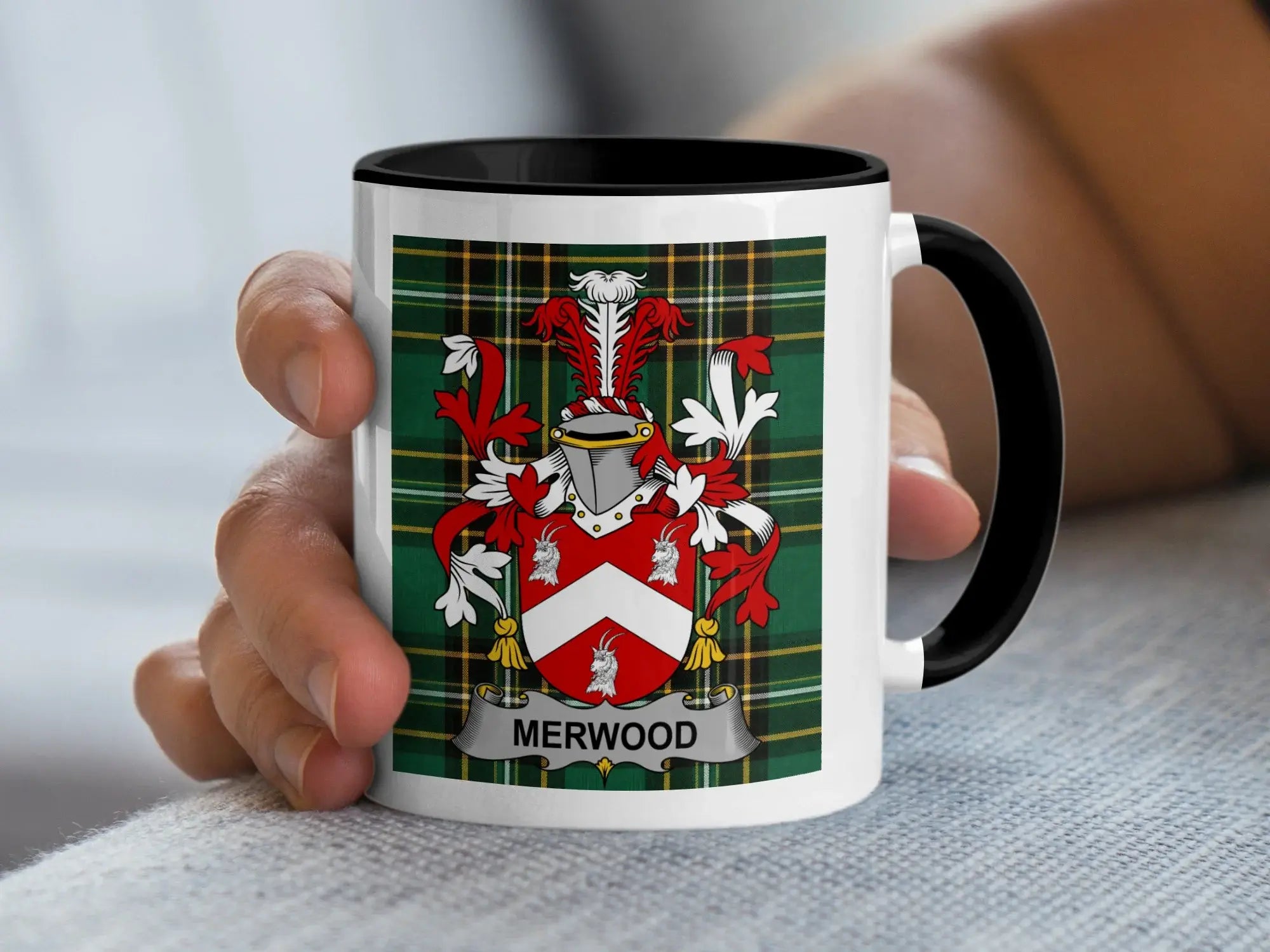 Merwood Irish family crest black accent mug