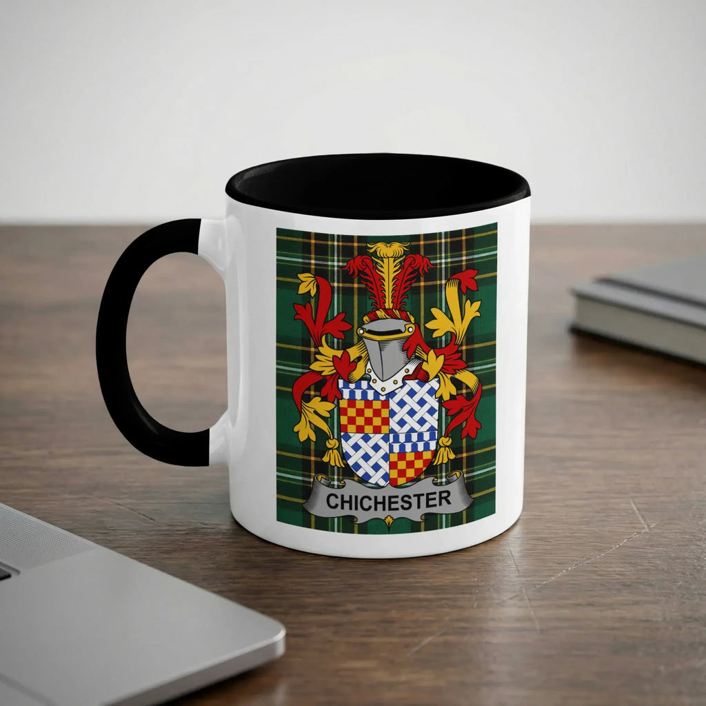 White mug with black handle featuring a family crest with the name "Chichester".