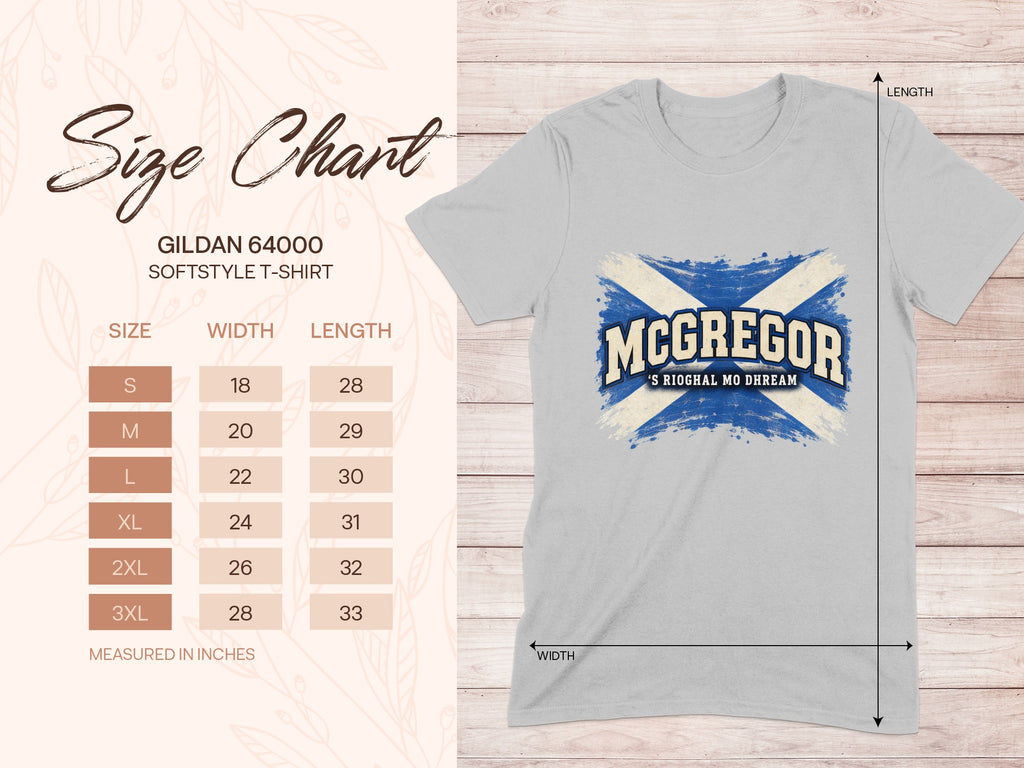 Gildan Softstyle 64000 size chart for the McGregor Saltire T-shirt, showing shirt width and length in inches.