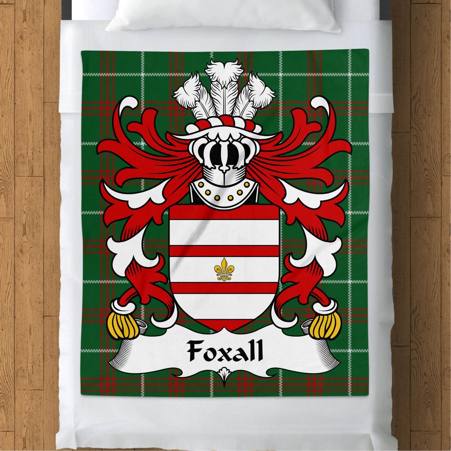 Foxall Coat of Arms on Welsh National Tartan Background Blanket - Living Stone Gifts