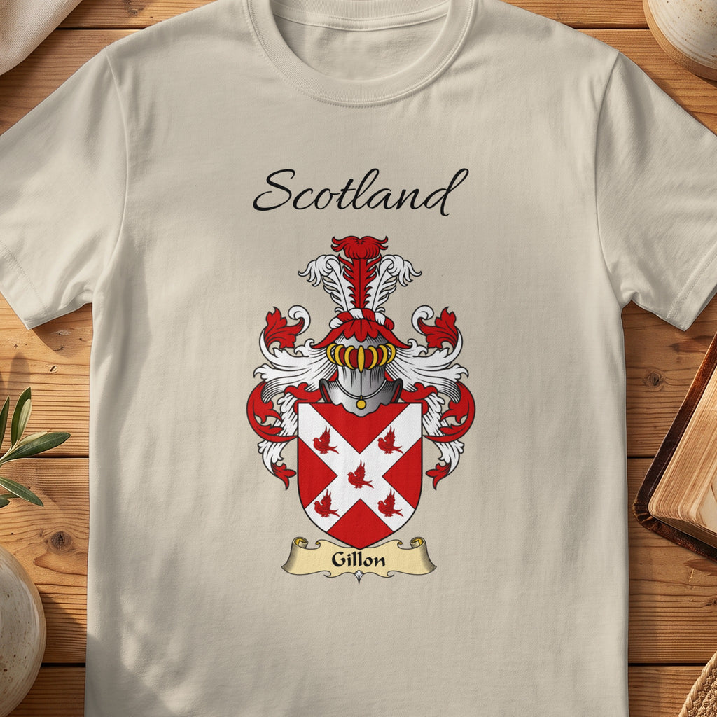 Sand Gillon Scottish family shield T-shirt featuring a white diagonal cross with small red birds