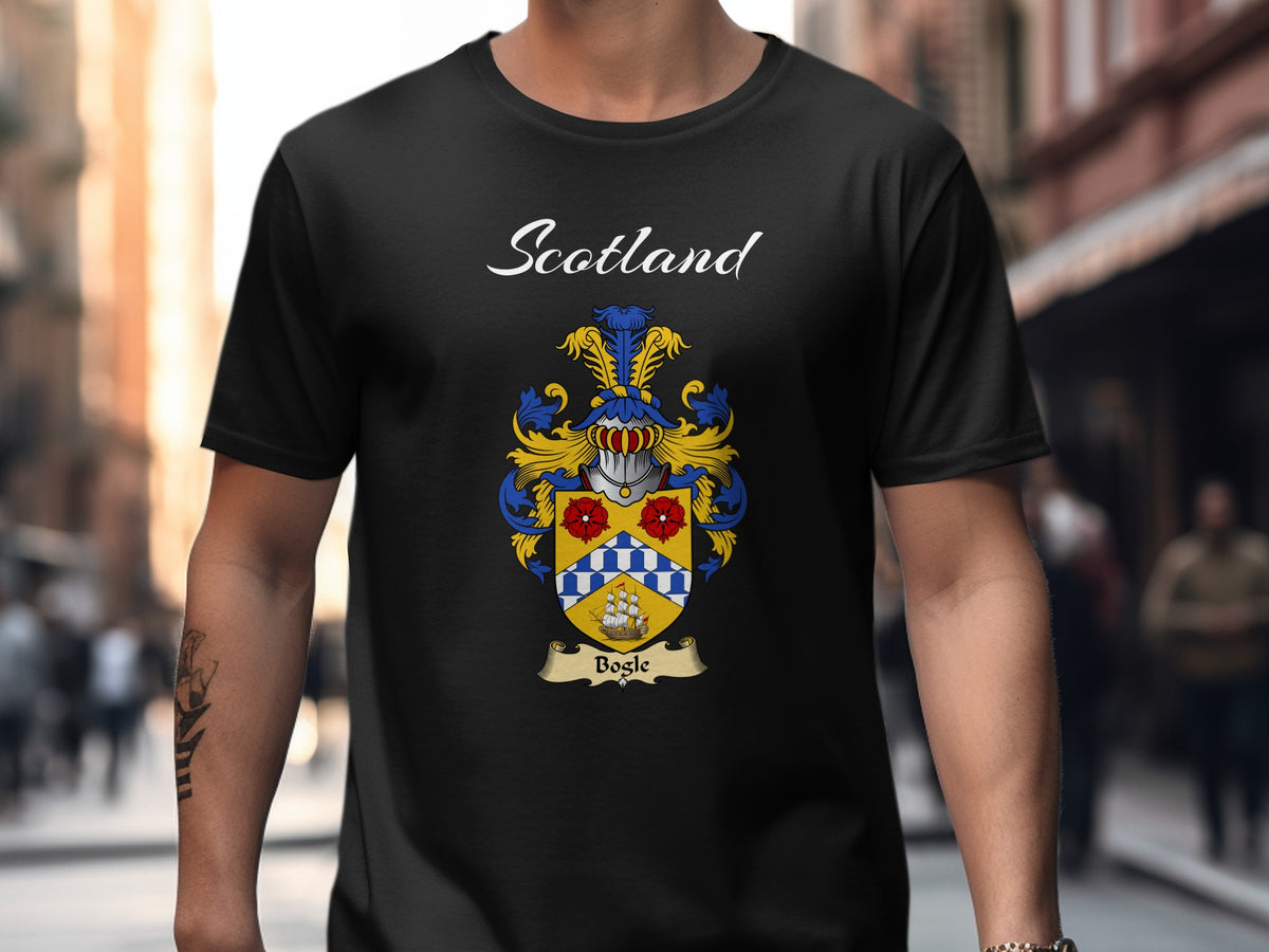 Bogle Scottish family shield design on Black T-shirt