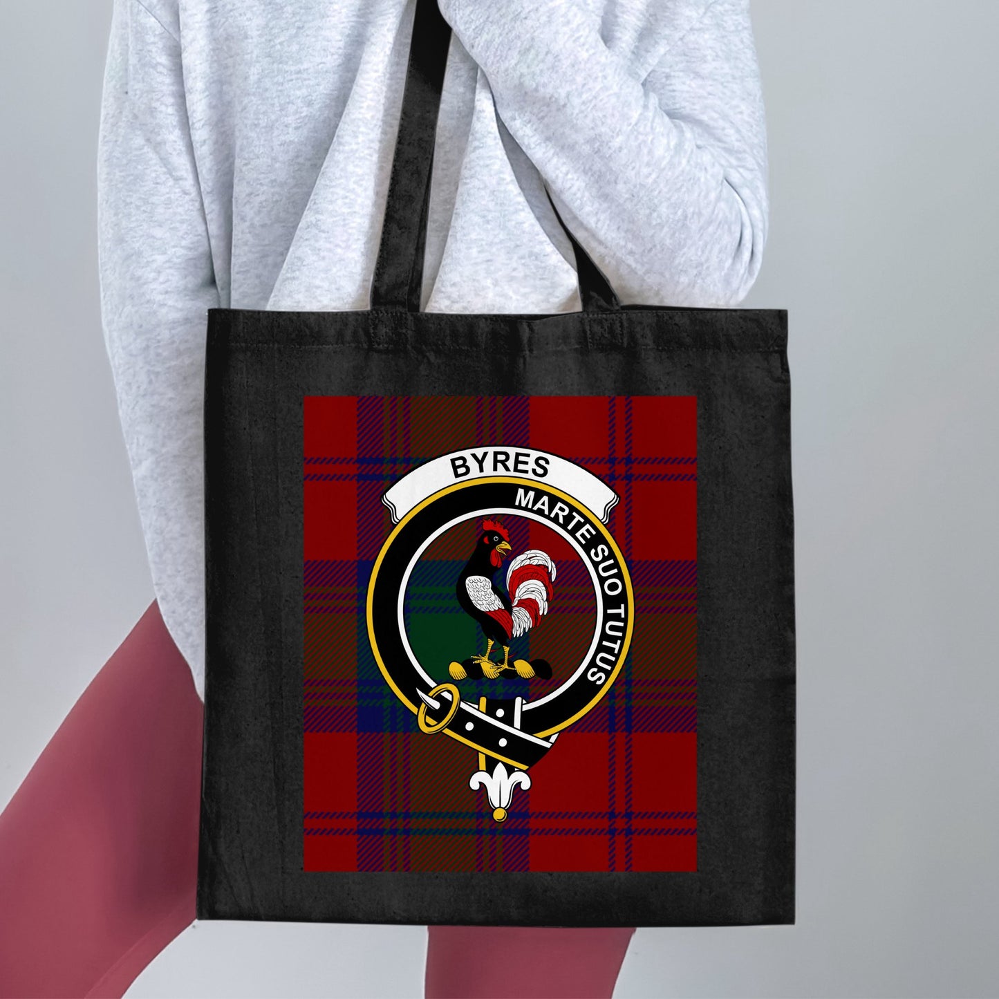 Byres Clan Crest on Tartan Background Tote Bag - Living Stone Gifts