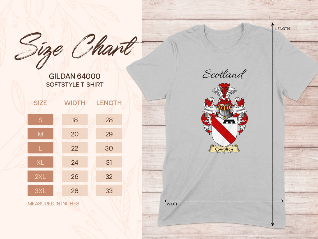 Gildan 64000 size chart for the Congilton unisex T-shirt, sizes S to 3XL