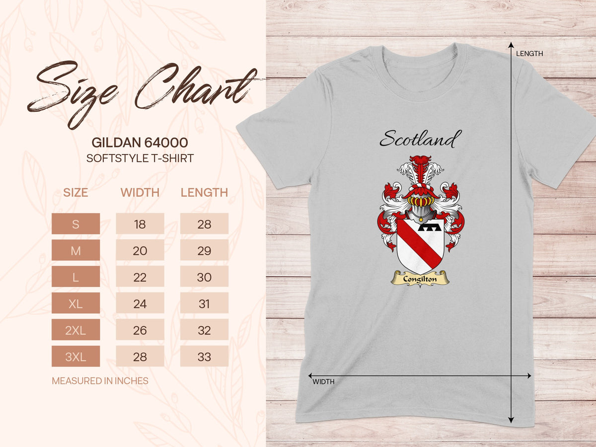 Gildan 64000 size chart for the Congilton unisex T-shirt, sizes S to 3XL