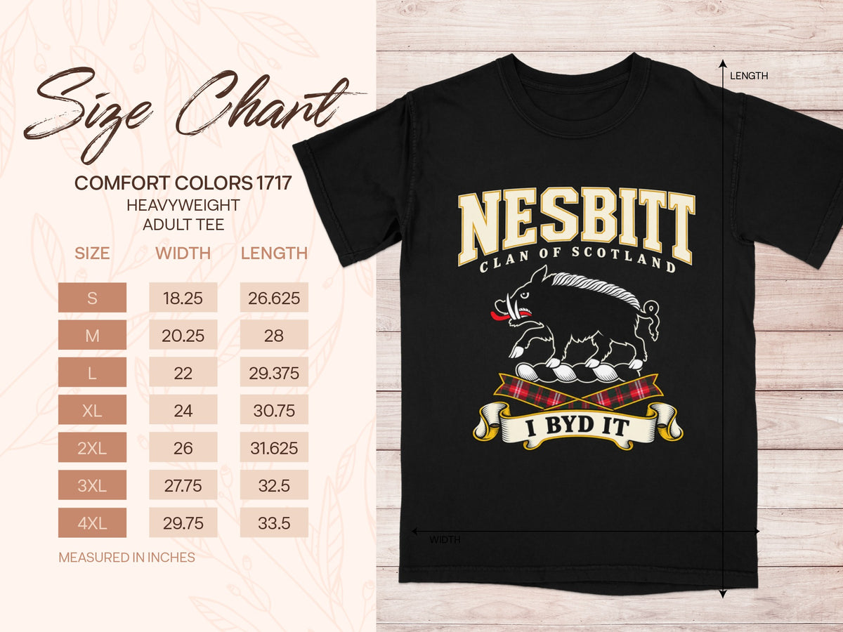 Nesbitt Comfort Colors 1717 T-shirt size chart with black shirt illustration
