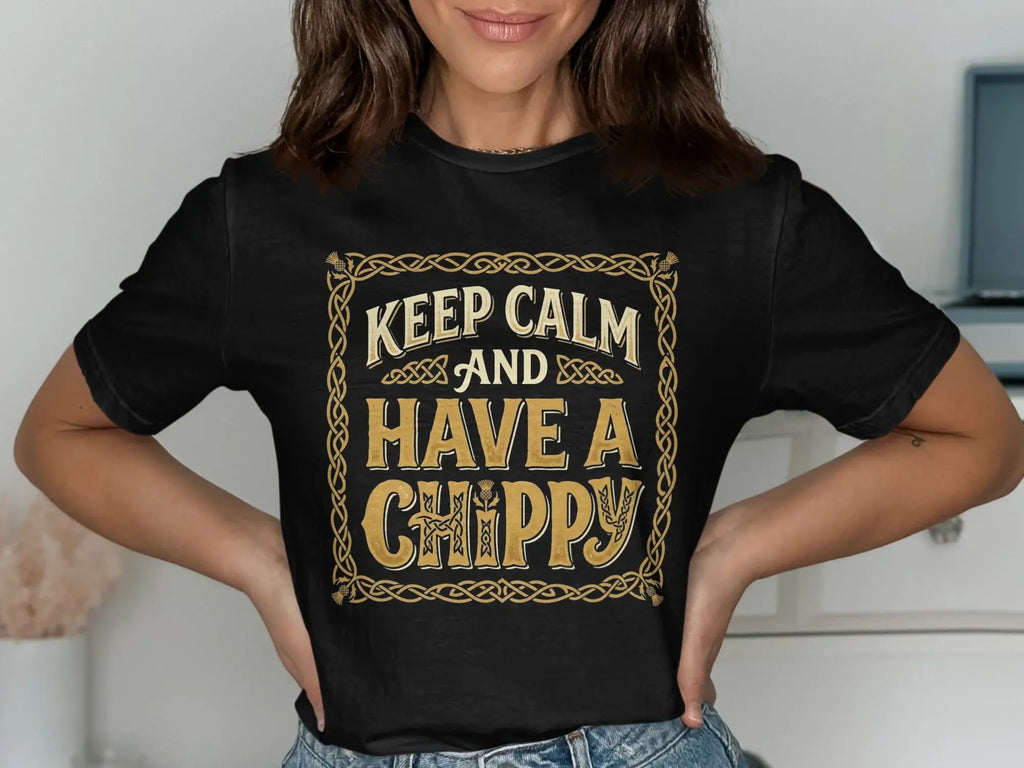 Black t-shirt with gold ornate border and text "Keep Calm and Have a Chippy".
