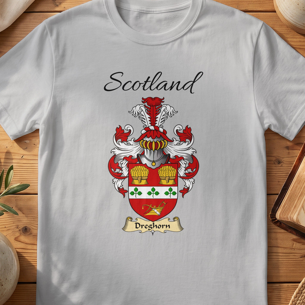 Sport Grey Dreghorn Scottish family shield T-shirt featuring a red shield with a clover-patterned white band