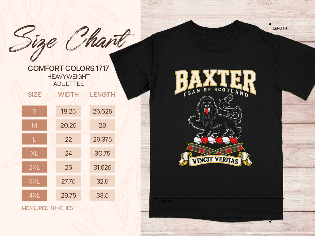Baxter Comfort Colors 1717 T-shirt size chart with black shirt illustration