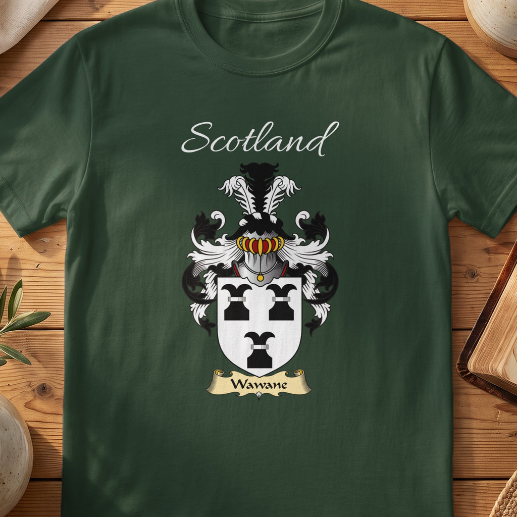 Forest Green Wawane Scottish T-shirt laid flat with coat of arms artwork and “Scotland” text.