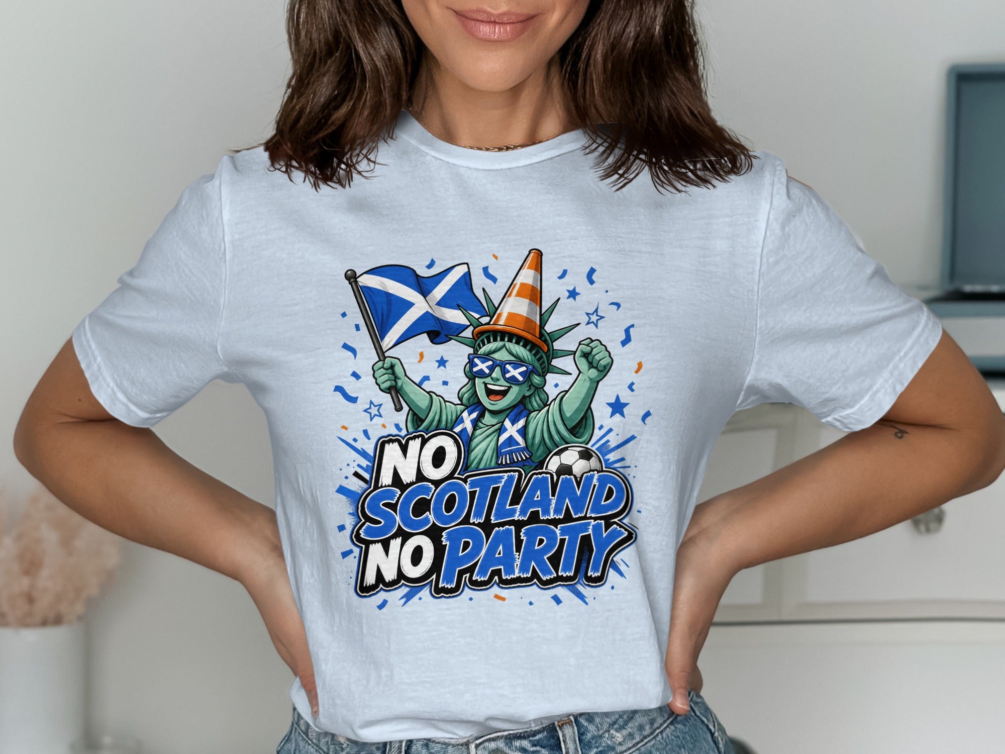 Statue of Liberty holds Scottish flag with text "NO SCOTLAND NO PARTY."