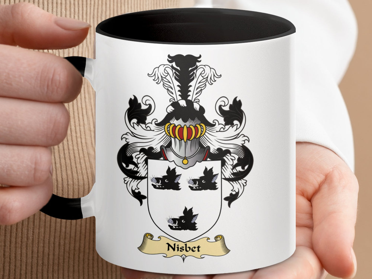 Elegant Nisbet Family Coat of Arms Design Black Mug - Living Stone Gifts