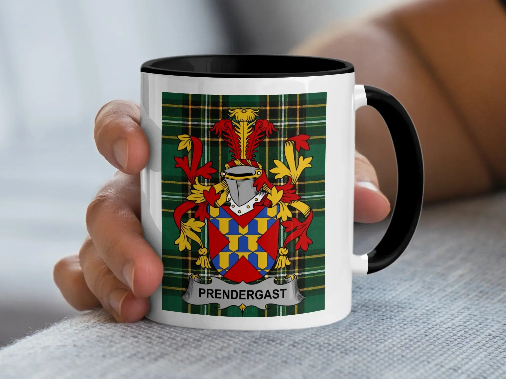 Prendergast Irish family crest black accent mug on Irish National Tartan
