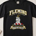 Fleming Scottish clan T-shirt in Black, front view with a silver goat head with golden horns and motto banner.