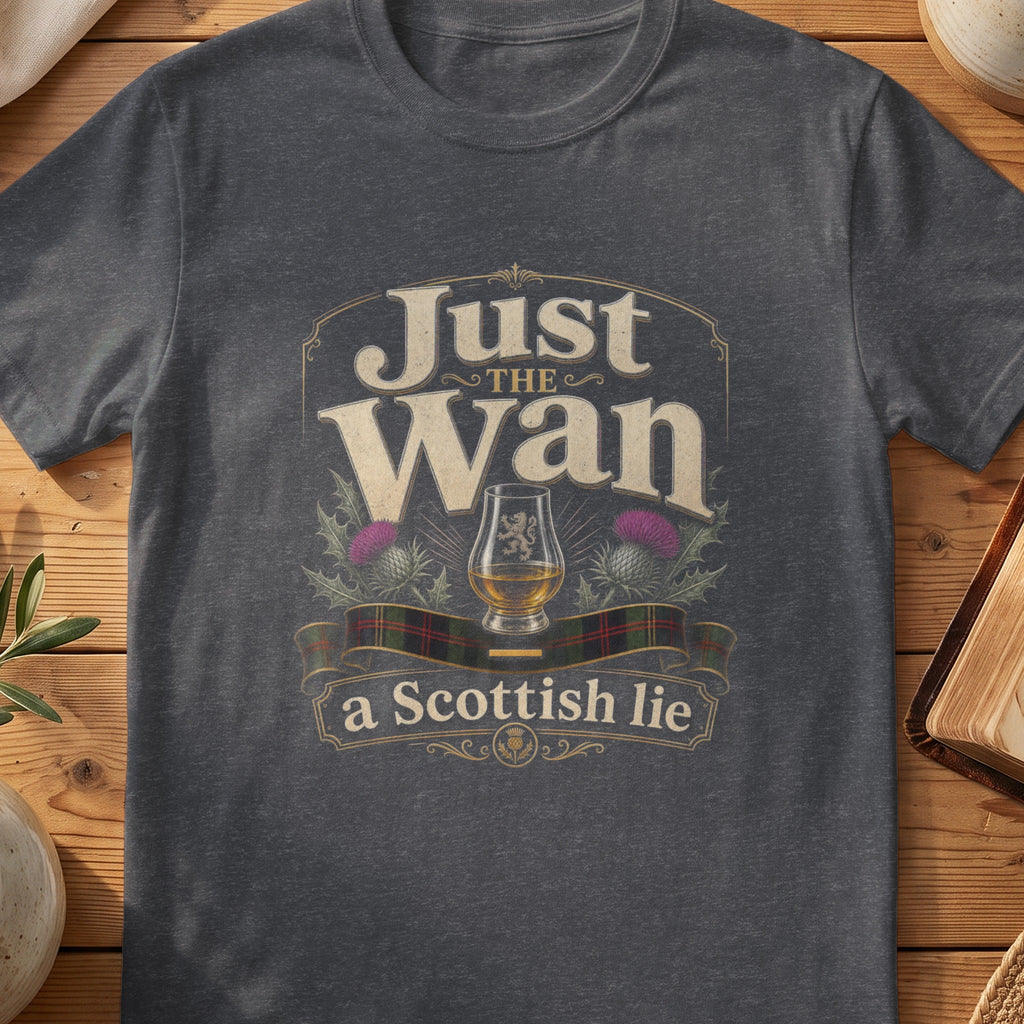 Dark grey Gildan 64000 unisex T-shirt flatlay with Just the Wan A Scottish Lie Scottish graphic design