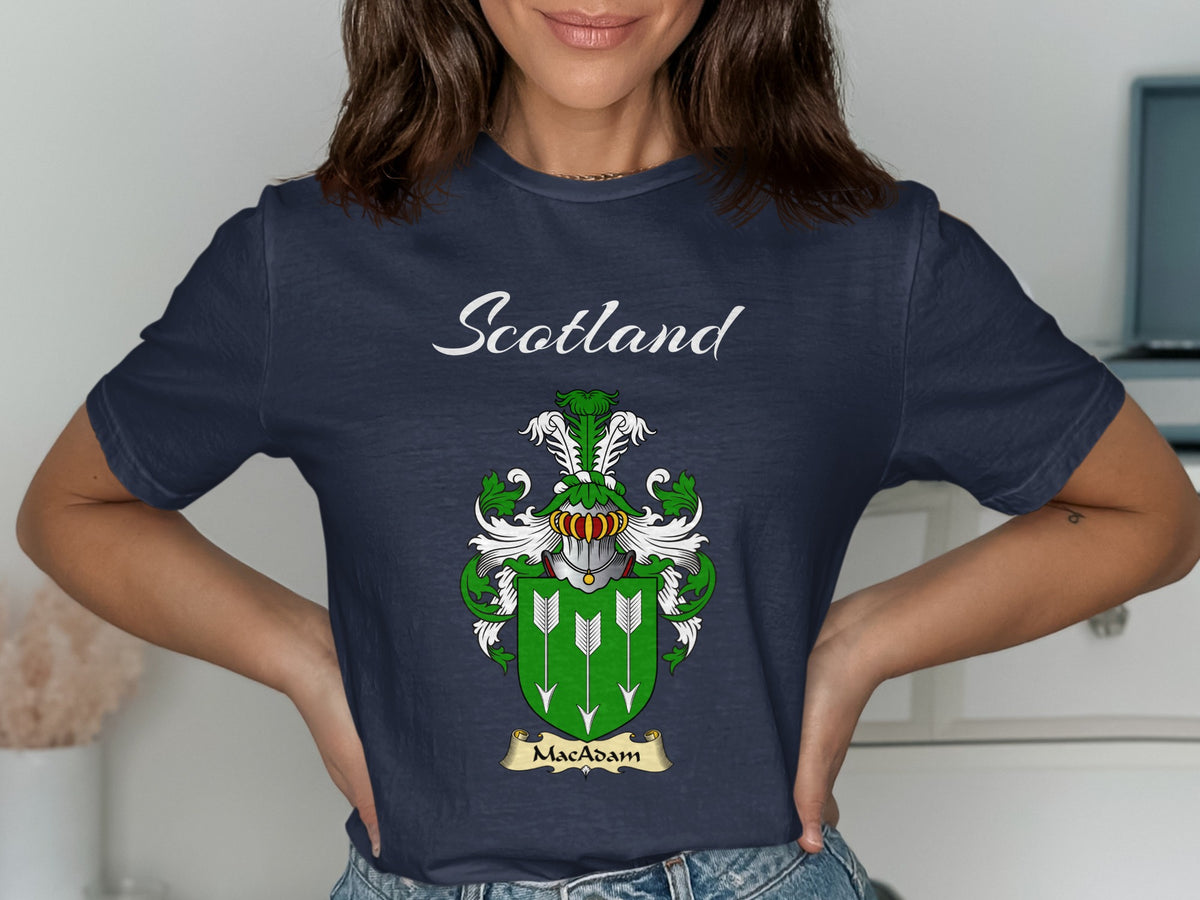 MacAdam Scottish family shield design on Navy T-shirt
