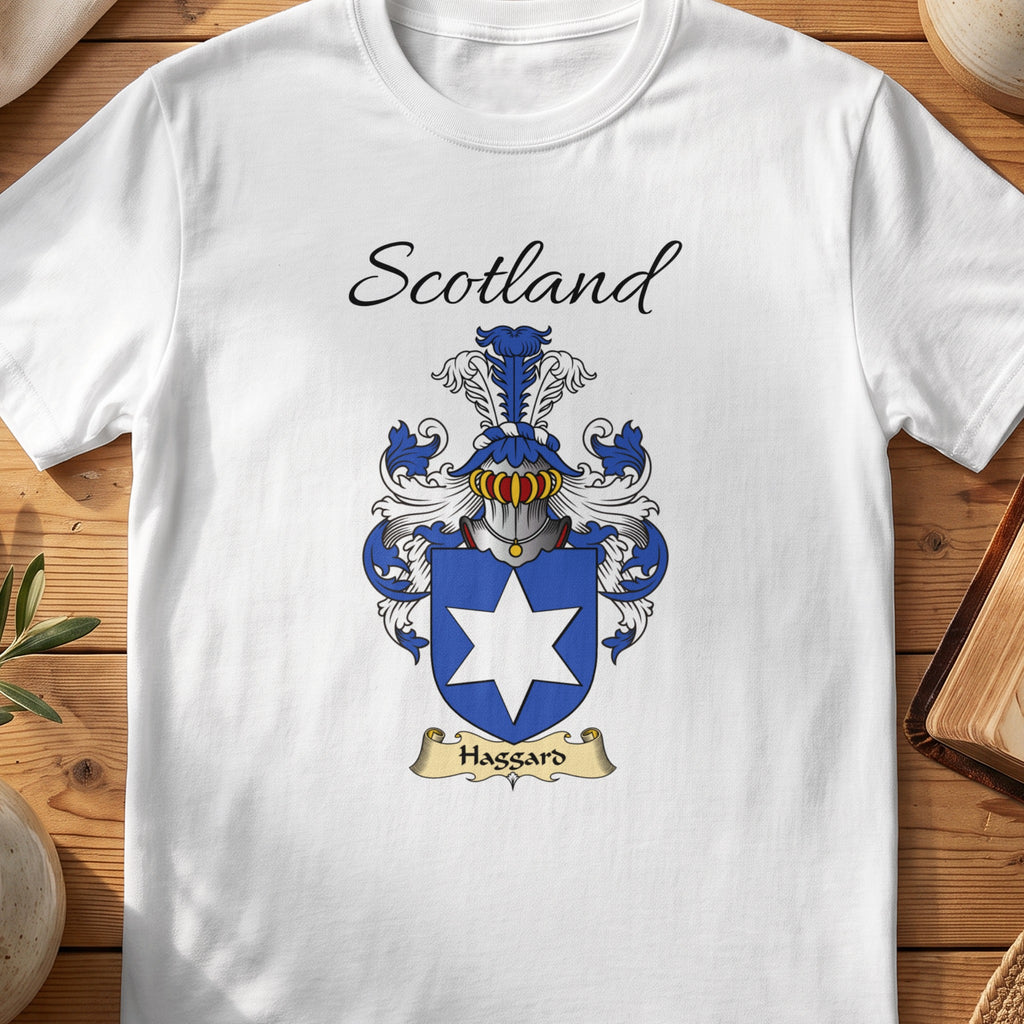 White Hassard Scottish family shield T-shirt featuring a large white six-pointed star on blue