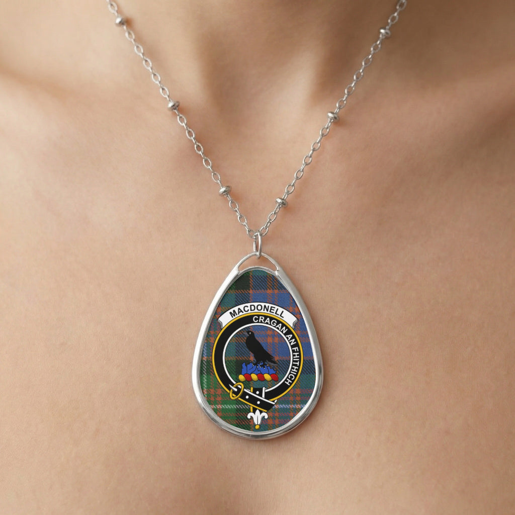 Sterling silver necklace with teardrop pendant featuring Macdonell tartan and crest.