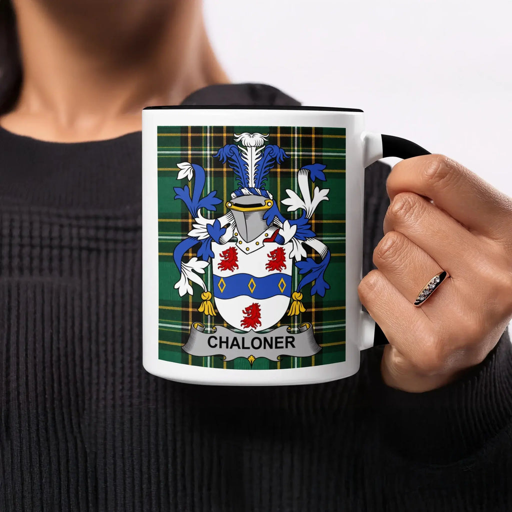 Mug with "CHALONER" surname coat of arms on tartan background.