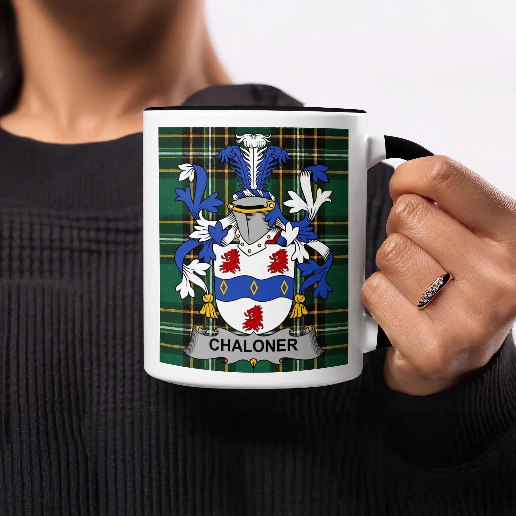 Mug with "CHALONER" surname coat of arms on tartan background.